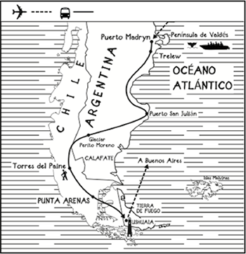 mapa de Patagonia en grupo. Especial Agosto