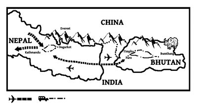 mapa de Bhutan y Nepal