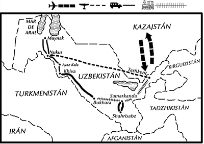 mapa de Uzbekistán, por tierras de Samarkanda