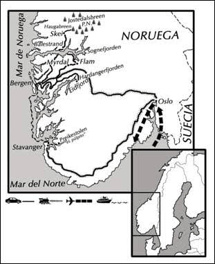 mapa de Noruega a medida: La ruta de los grandes fiordos
