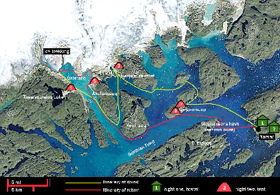 mapa de Groenlandia, kayak y trekking glaciar