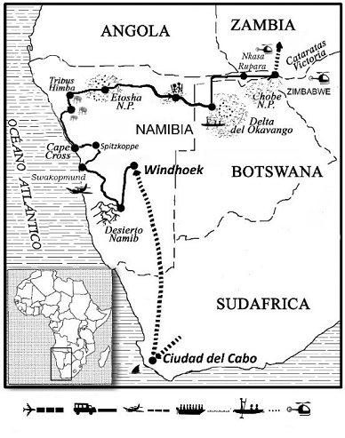 mapa de Ruta del Okavango Confort
