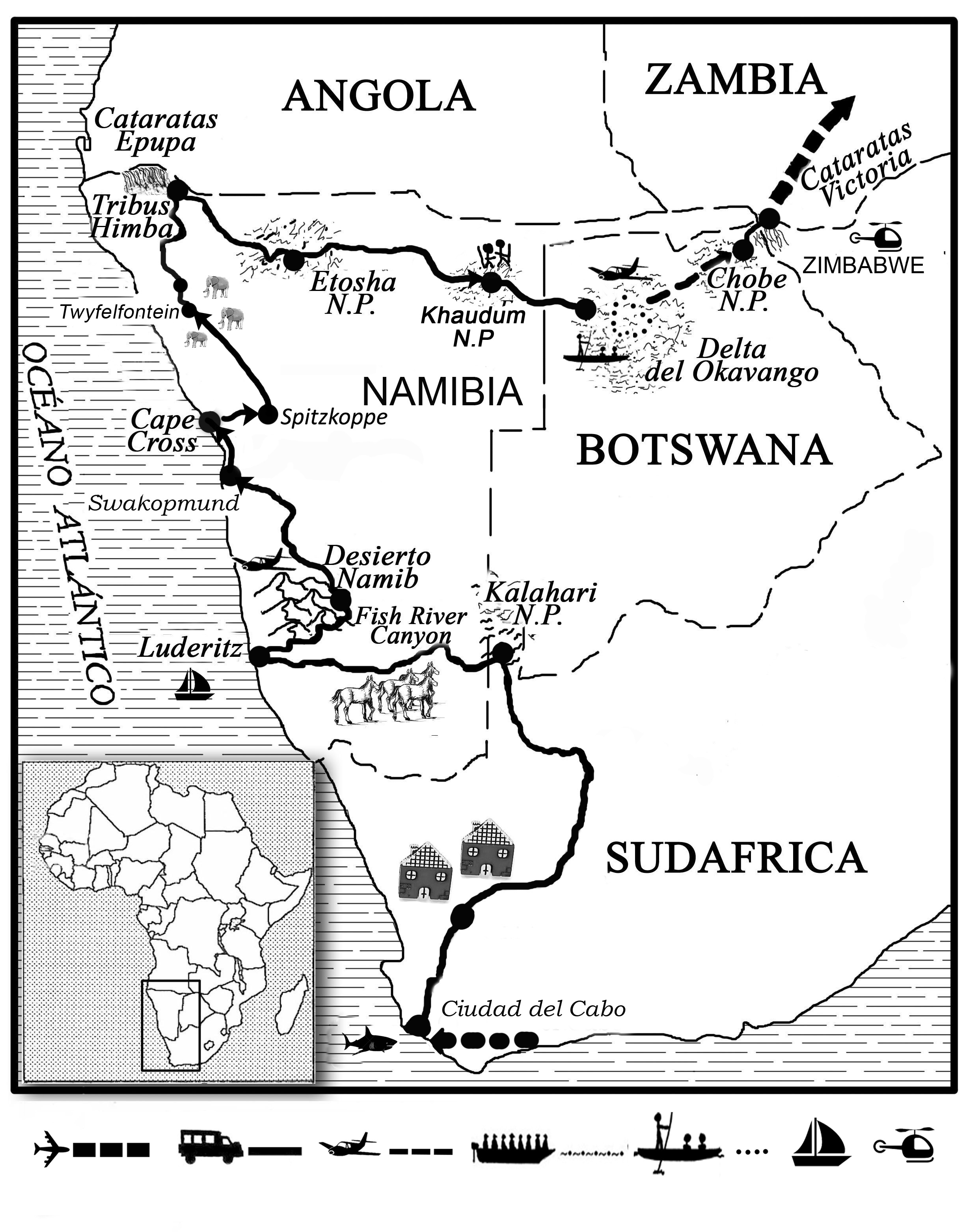 mapa de La Gran Ruta del Okavango