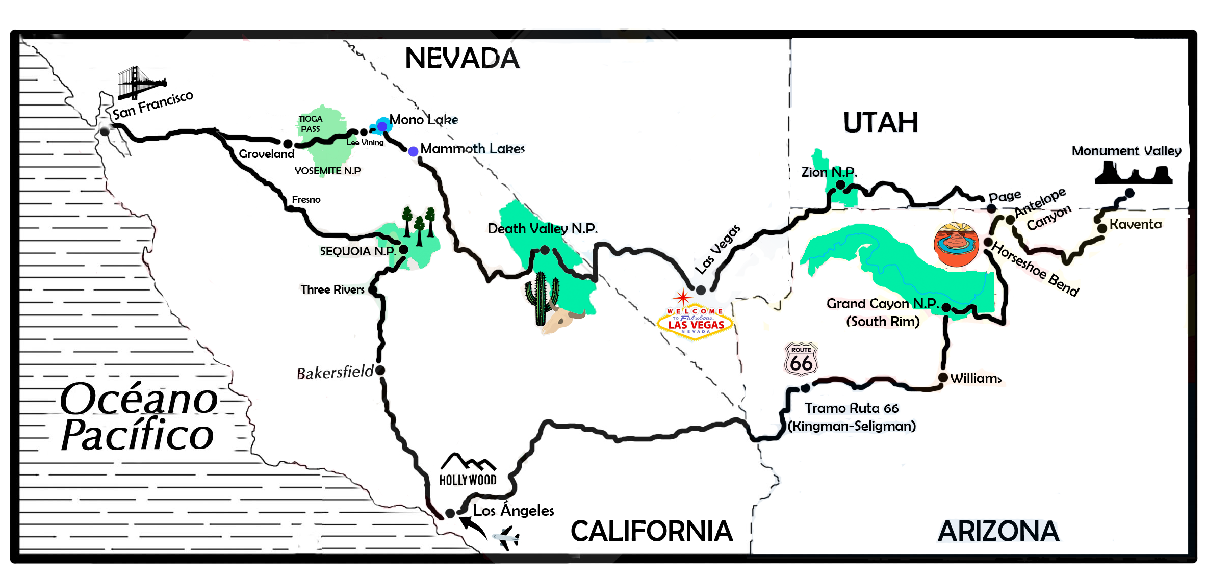 mapa de EE.UU. 16 días, Costa Oeste y Parques Nacionales